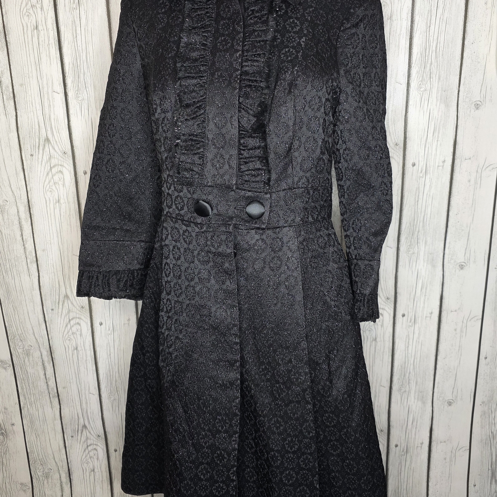 Andrea Becker Black Metallic Jacquard Ruffle Trench Coat Whimsigoth Formal 8